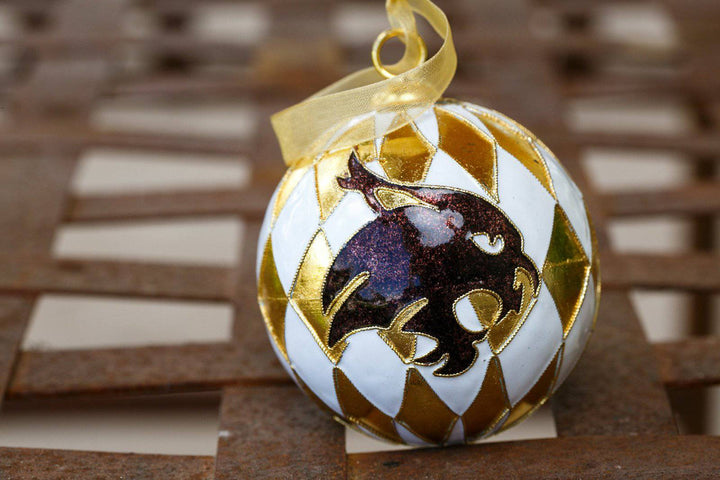 Texas State University Bobcats White & Gold Harlequin Round Cloisonné Christmas Ornament