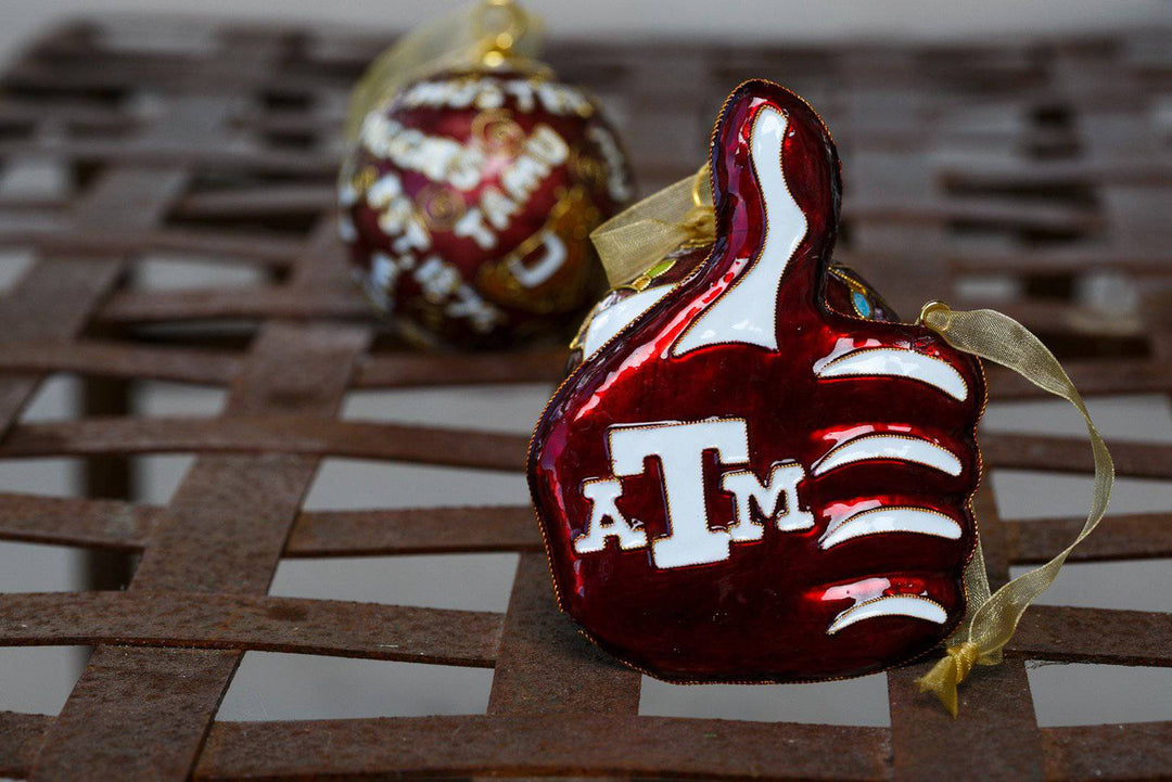Texas A&M University Aggies Gig'Em Thumb Shape Maroon Cloisonné Christmas Ornament
