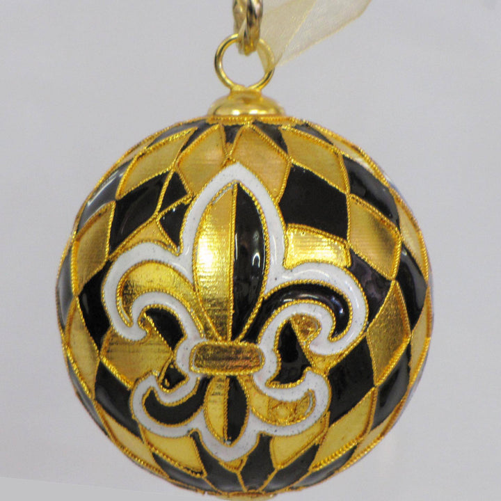 Fleur de Lis Black & Gold Harlequin Round Cloisonné Christmas Ornament