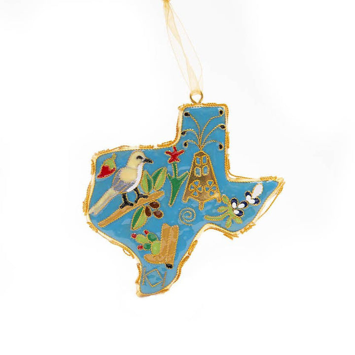 Texas Postcard Symbols of Texas State Shape Cloisonné Christmas Ornament