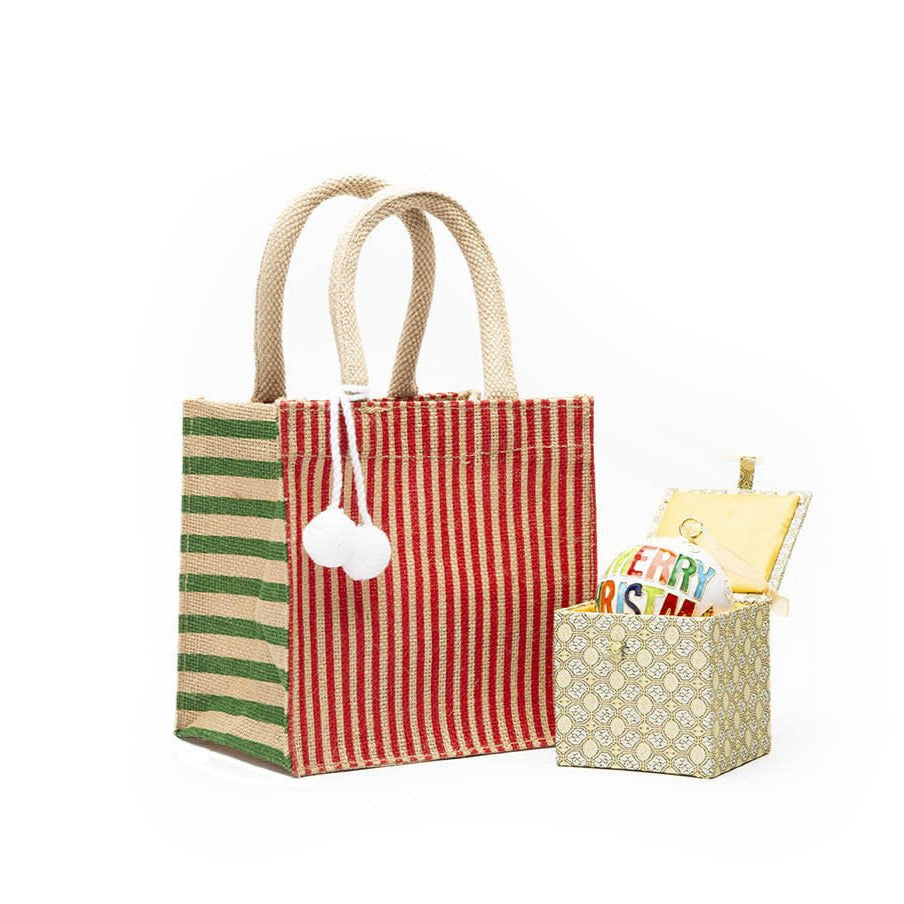 Striped Holiday Jute Gift Bag
