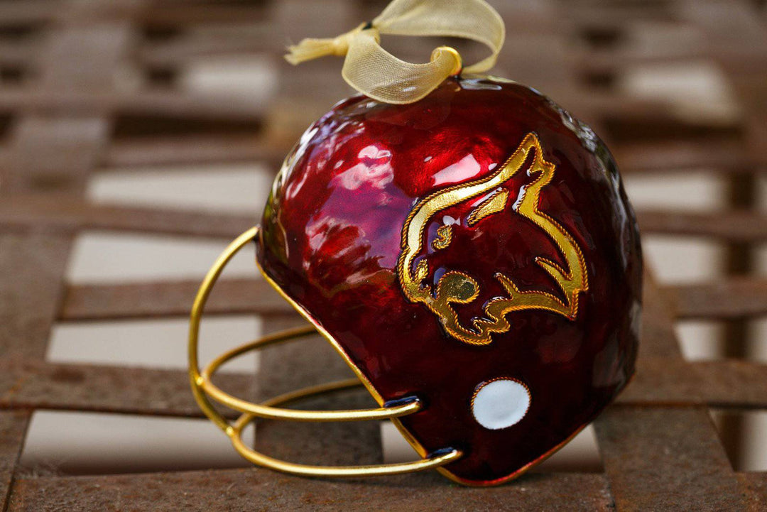 Texas State University Bobcats Helmet Shape Maroon Cloisonné Christmas Ornament