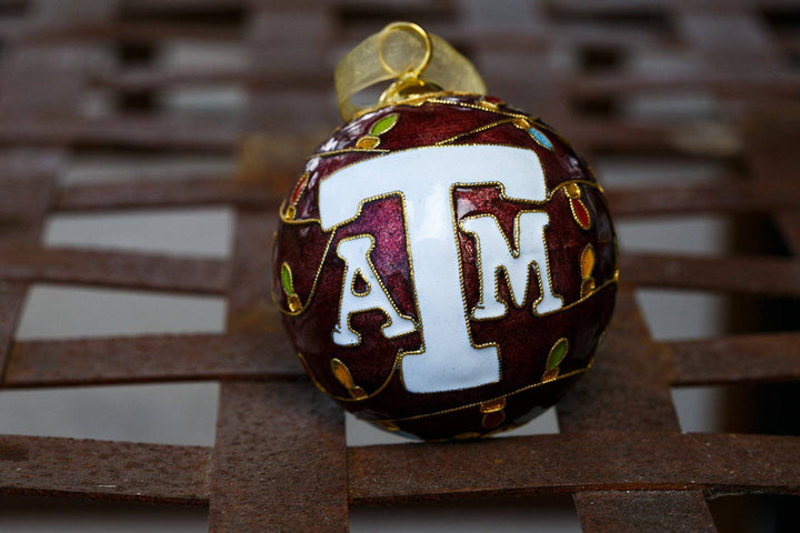 Texas A&M Aggie Colorful Lights Maroon Background Round Cloisonné Christmas Ornament