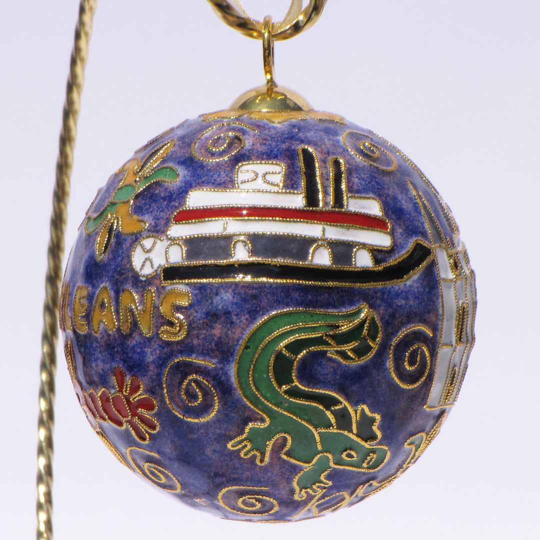 New Orleans, Louisiana St. Louis Cathedral, Gator, Paddleboat, Jazz Musician Round Cloisonné Christmas Ornament - Purple