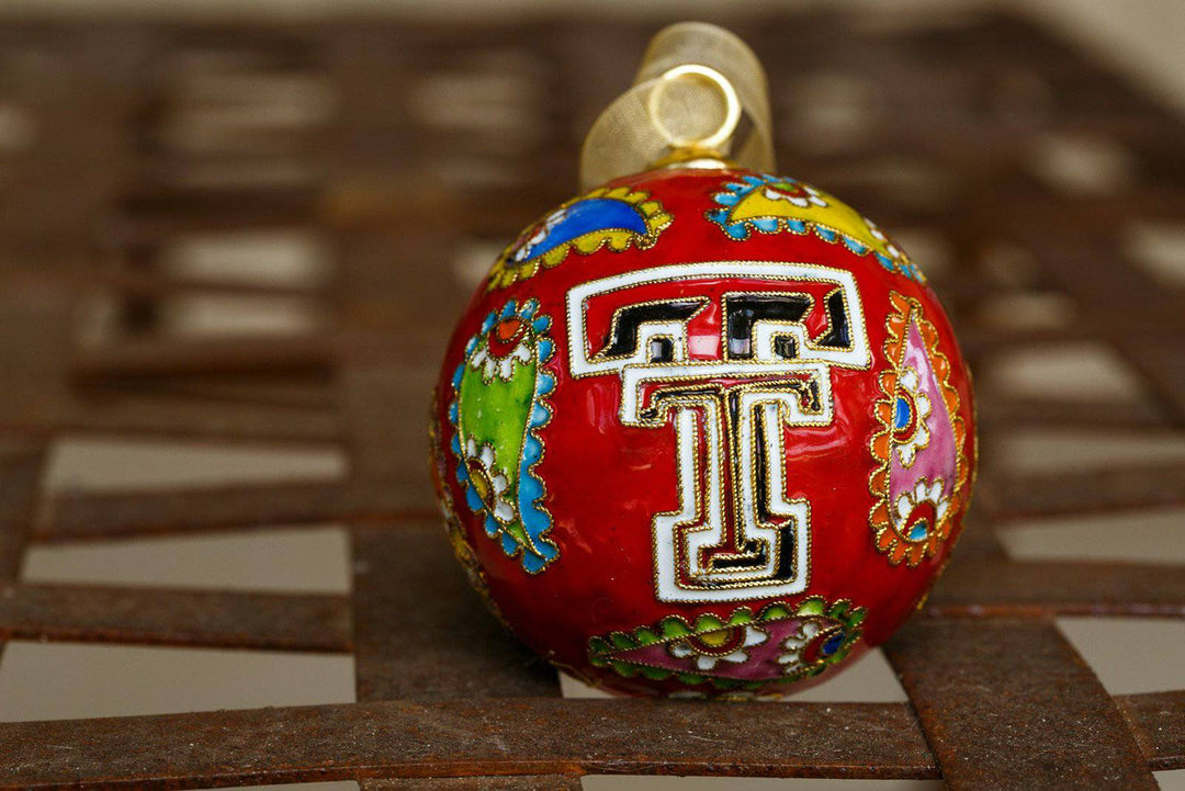 Texas Tech Red Raiders Colorful Paisley Red Background Round Cloisonné Christmas Ornament