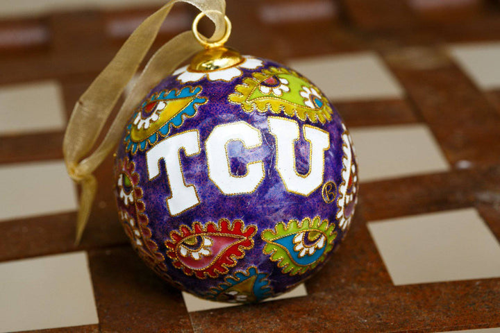 TCU Horned Frogs Colorful Paisley Purple Background Round Cloisonné Christmas Ornament