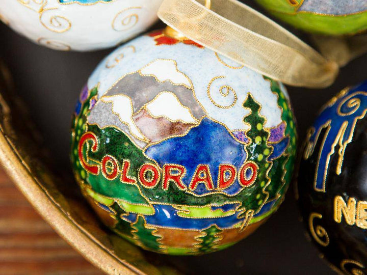 Colorado Mountain Scene with Elk & Sheep Round Cloisonné Christmas Ornament