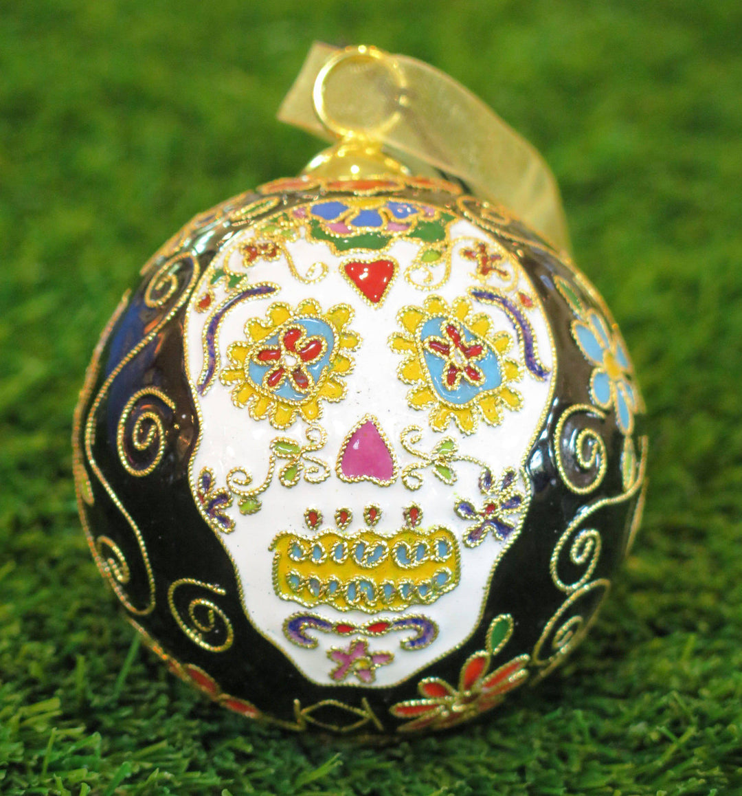 Sugar Skulls Dia de los Muertos Black Round Cloisonné Christmas Ornament