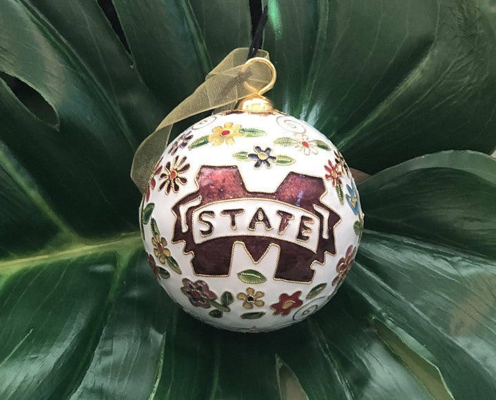 Mississippi State Bulldogs Flower Power White Background Round Cloisonné  Christmas Ornament