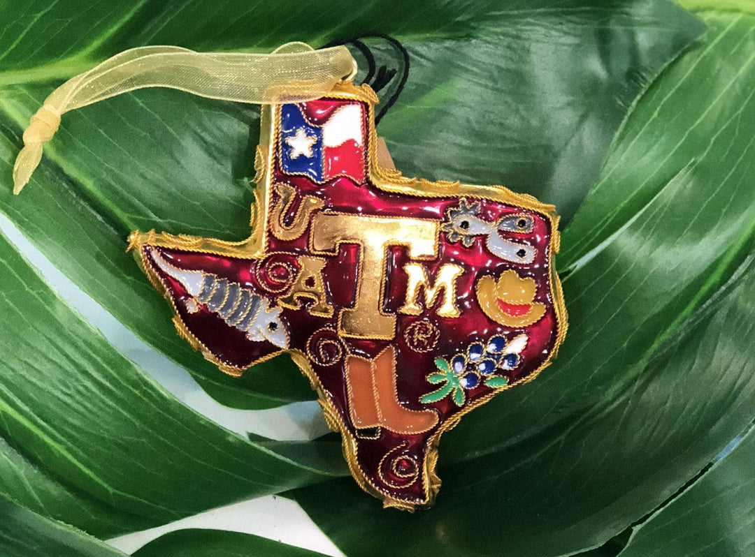 Texas A&M Aggie Symbols of Texas with Howdy Texas Shape Cloisonné Christmas Ornament