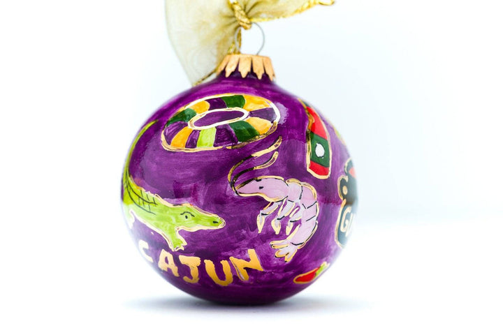 New Orleans LA 'NOLA Foods' Purple Background Round Hand-Painted Italian Ceramic Christmas Ornament