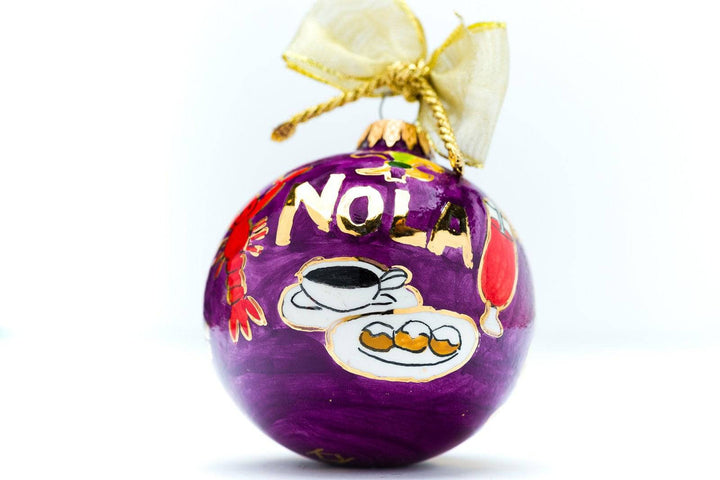 New Orleans LA 'NOLA Foods' Purple Background Round Hand-Painted Italian Ceramic Christmas Ornament