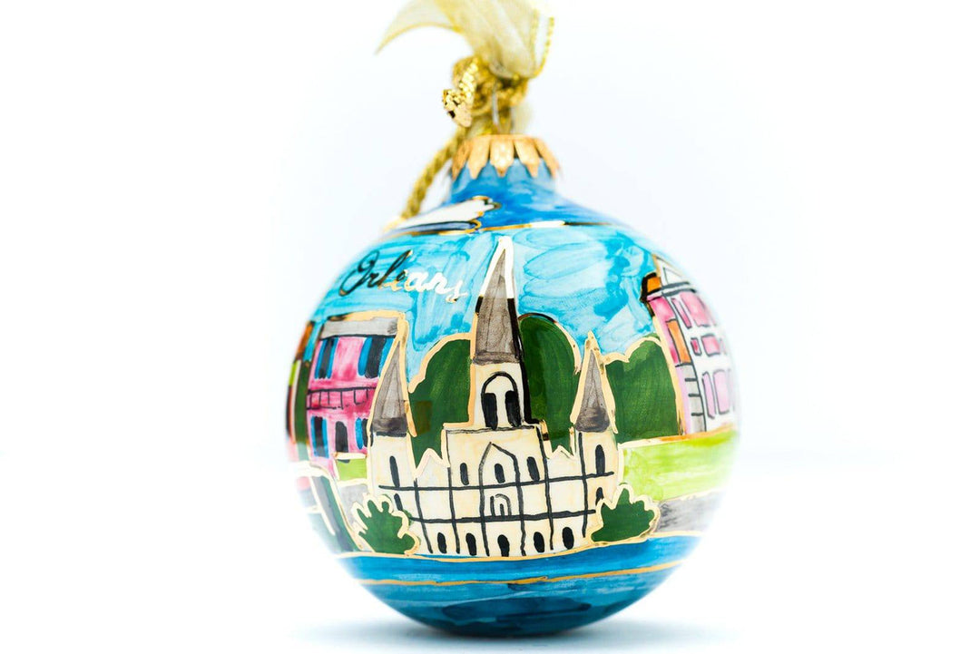 New Orleans, Louisiana French Quarter Cityscape Round Hand-Painted Italian Ceramic Christmas Ornament