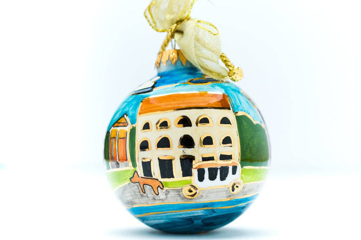 New Orleans, Louisiana French Quarter Cityscape Round Hand-Painted Italian Ceramic Christmas Ornament