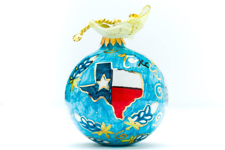 Texas Flag inside shape with Scattered Bluebonnets Hand-Painted Italian Ceramic Christmas Ornament