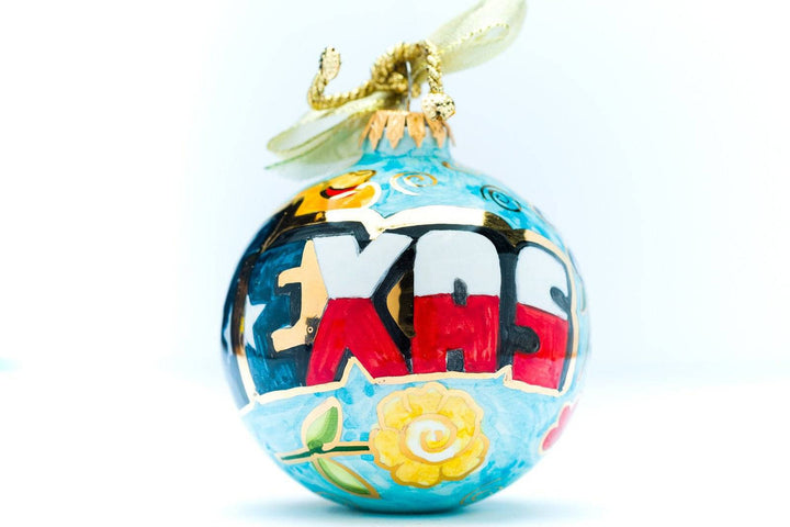 Postcard from Texas with Symbols of Texas Yellow Rose, Texas Flag Hand-Painted Italian Ceramic Christmas Ornament