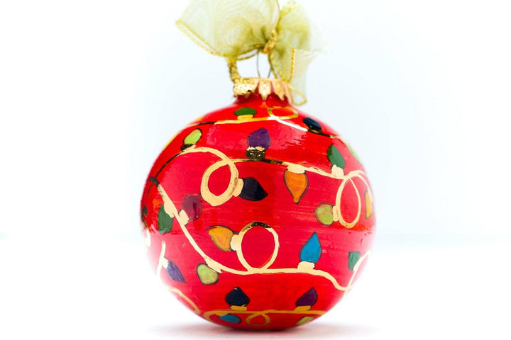 Vintage Merry Christmas with Colorful Lights Red Background Round Hand-Painted Italian Ceramic Christmas Ornaments