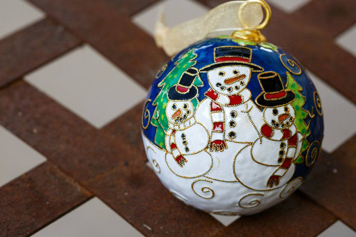 Snowman Family Scene Round Cloisonné Christmas Ornament