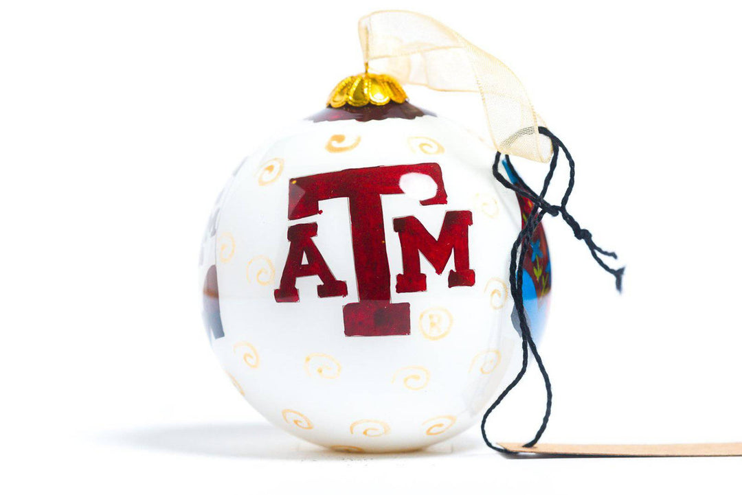 Texas A&M Aggie Dancing Cowboy Boots on White Background Round Hand-Painted Glass Ornament