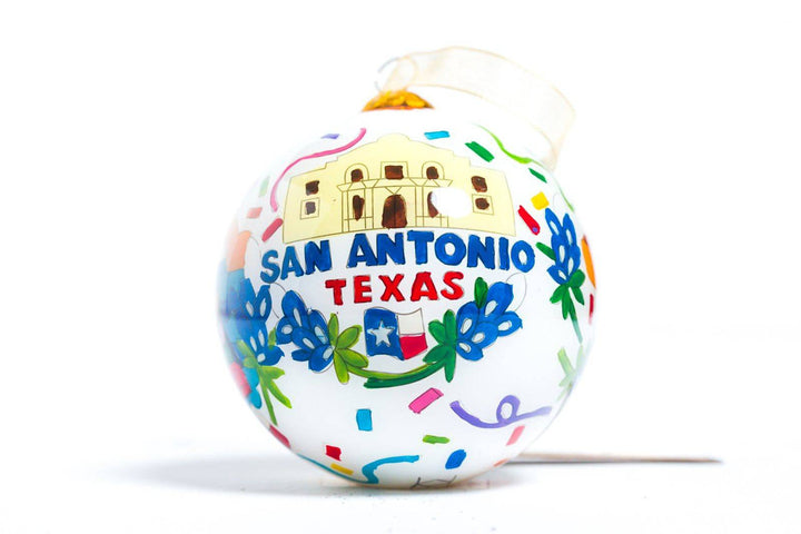 San Antonio Texas Round Hand-Painted Glass Christmas Ornament The Alamo, Fiesta, Reunion Tower, Texas Flag, Riverwalk