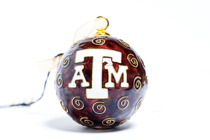 Texas A&M Aggie Texas Logo Maroon Background Round Cloisonné Christmas Ornament