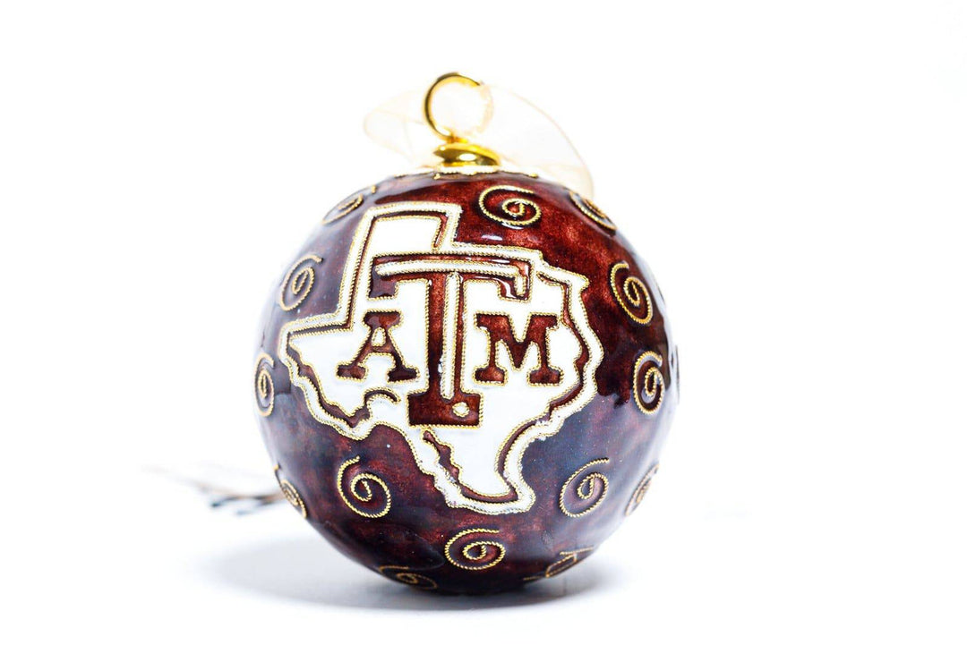 Texas A&M Aggie Texas Logo Maroon Background Round Cloisonné Christmas Ornament