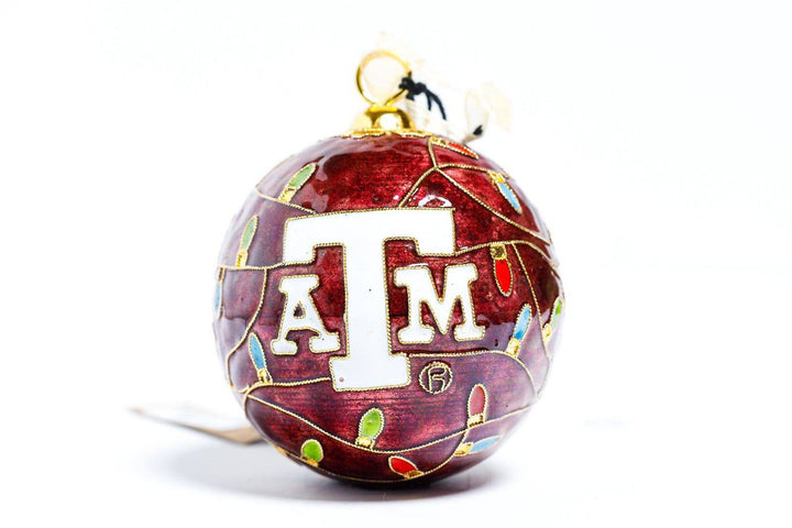 Texas A&M Aggie Colorful Lights Maroon Background Round Cloisonné Christmas Ornament