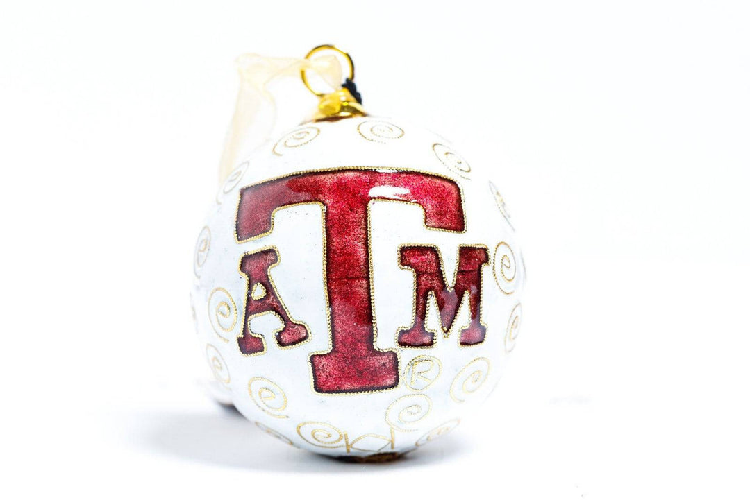 Texas A&M Aggie Merry Christmas in Colorful Block Letters White Background Round Cloisonné Christmas Ornament