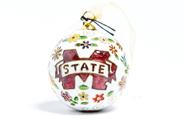 Mississippi State Bulldogs Flower Power White Background Round Cloisonné  Christmas Ornament