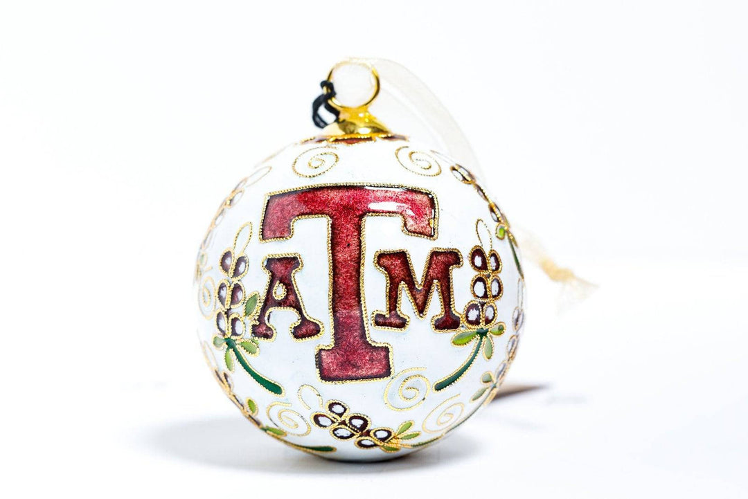 Texas A&M Aggie "Aggie Mom" with Aggie Bonnets White Background Round Cloisonné Christmas Ornament