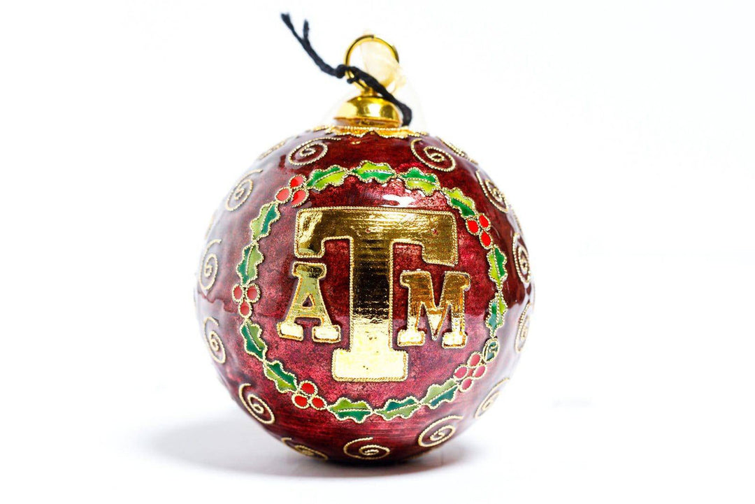 Texas A&M Aggie Holly Wreath Maroon Background Round Cloisonné Christmas Ornament