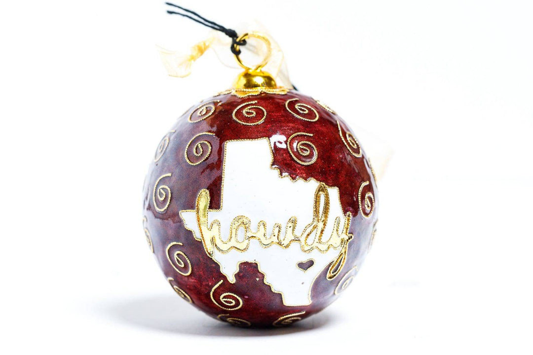Texas A&M Aggie 'Deep in the Heart of Howdy' Maroon Background Round Cloisonné Christmas Ornament