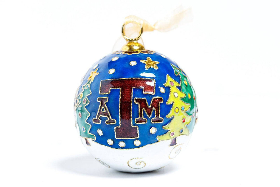Texas A&M Aggie Snowman Family Christmas Scene Round Cloisonné Christmas Ornament