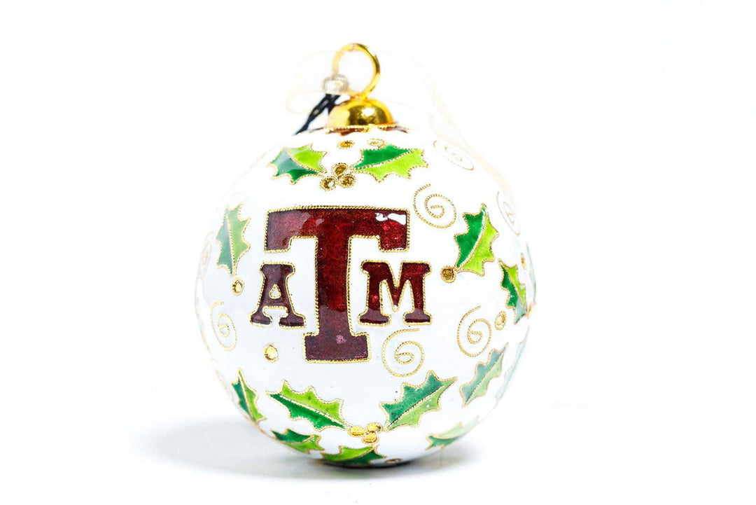 Texas A&M Aggie Vintage Merry Christmas with Holly White Background Round Cloisonné Christmas Ornament