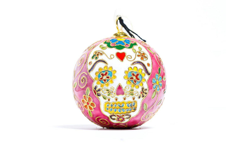 NOLA' New Orleans Sugar Skulls Dia de Los Muertos Round Cloisonné Christmas Ornament - Pink