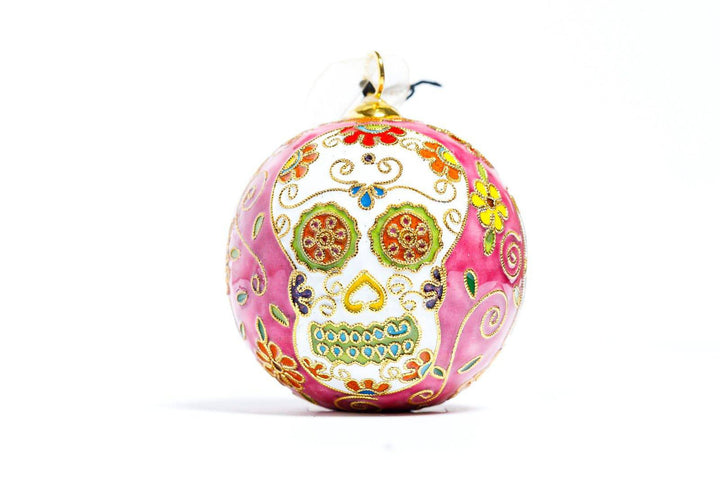 NOLA' New Orleans Sugar Skulls Dia de Los Muertos Round Cloisonné Christmas Ornament - Pink