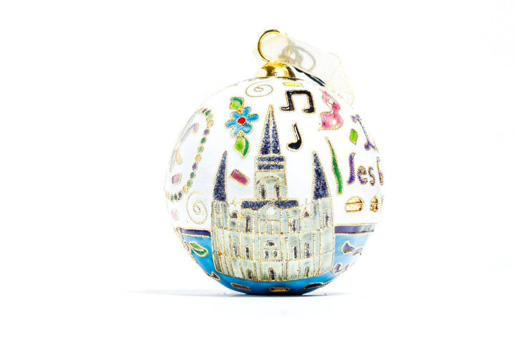 Laissez les bon temps roulez New Orleans St. Louis Cathedral Round Cloisonné Christmas Ornament - White