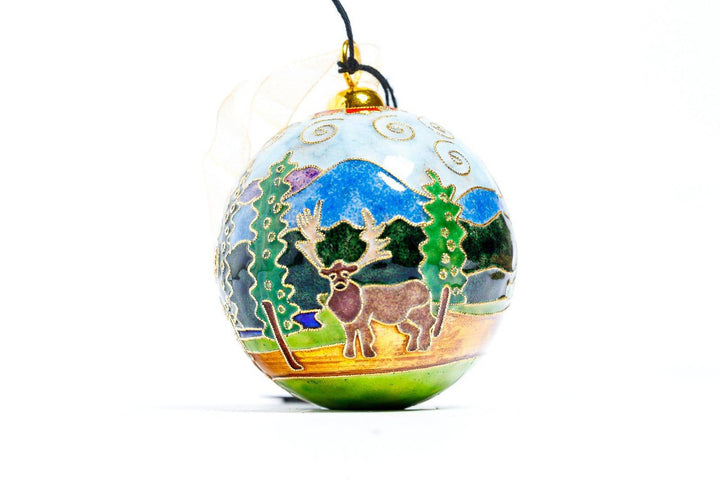 Colorado Mountain Scene with Elk & Sheep Round Cloisonné Christmas Ornament