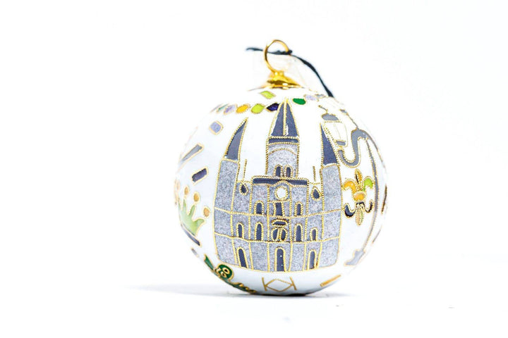 New Orleans St Louis Cathedral Mardi Gras Icons Round Cloisonné Christmas Ornament - White