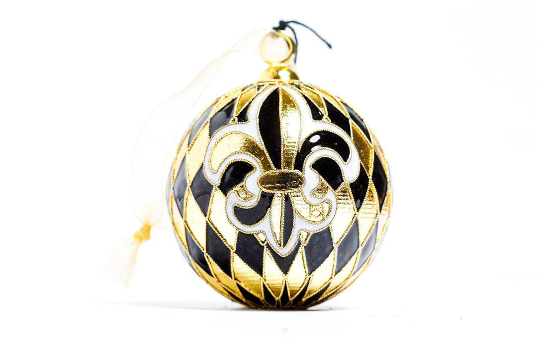 Fleur de Lis Black & Gold Harlequin Round Cloisonné Christmas Ornament
