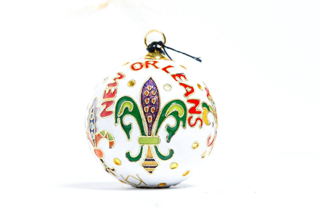 New Orleans Colorful Fleur De Lis with Polka Dots Round Cloisonné Christmas Ornament - White