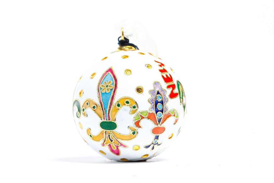 New Orleans Colorful Fleur De Lis with Polka Dots Round Cloisonné Christmas Ornament - White