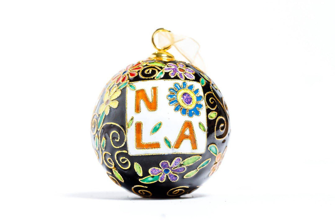 NOLA' New Orleans Sugar Skulls Dia de Los Muertos Round Cloisonné Christmas Ornament - Black