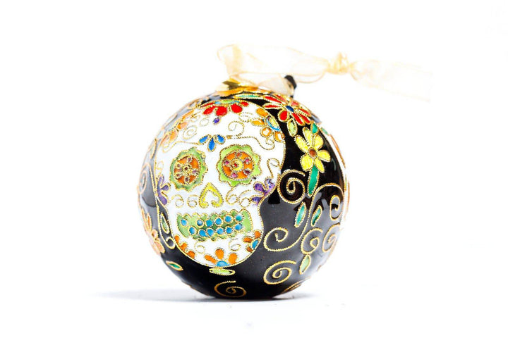 NOLA' New Orleans Sugar Skulls Dia de Los Muertos Round Cloisonné Christmas Ornament - Black