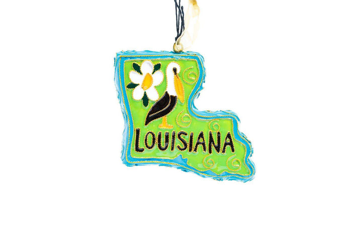 State of Louisiana Shape State Shape, Pelican, Magnolia Cloisonné Christmas Ornament