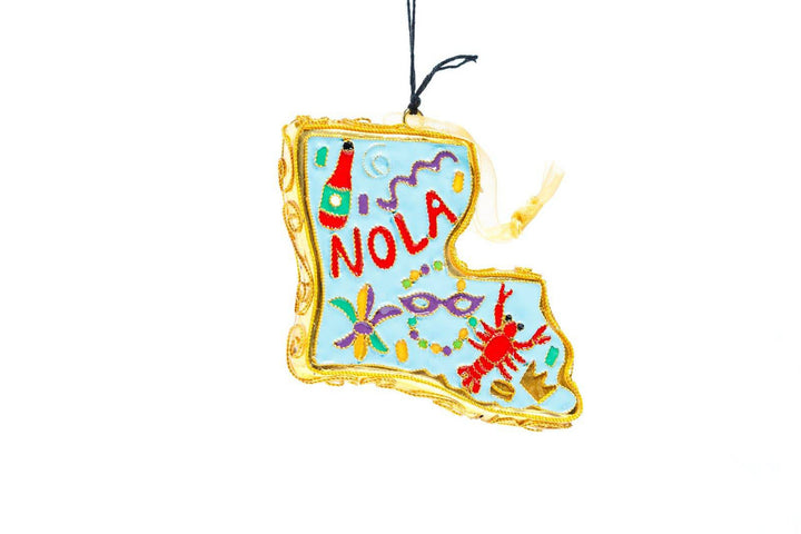 New Orleans, Louisiana State Shape 'NOLA' Mardi Gras Icons Cloisonné Christmas Ornament