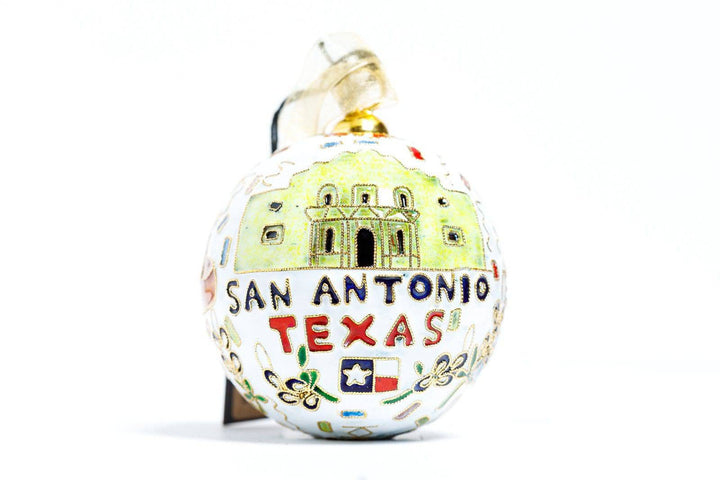 San Antonio, Texas Riverwalk, Fiesta, Alamo Round Cloisonné Christmas Ornament - White