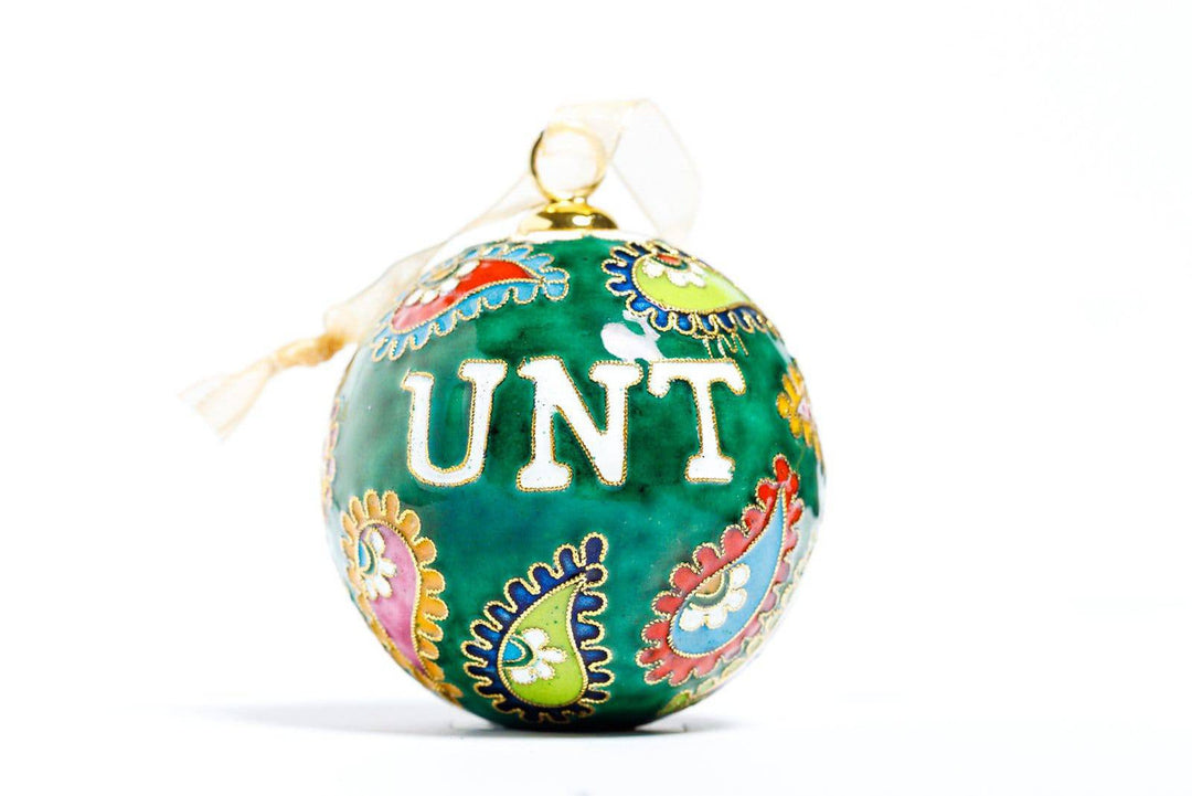 University of North Texas UNT Colorful Paisley Green Background Round Cloisonné Christmas Ornament