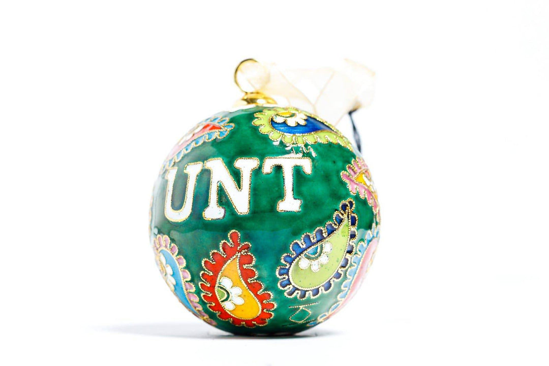 University of North Texas UNT Colorful Paisley Green Background Round Cloisonné Christmas Ornament