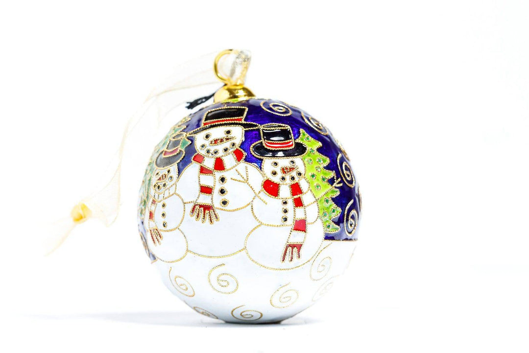 Snowman Family Scene Round Cloisonné Christmas Ornament